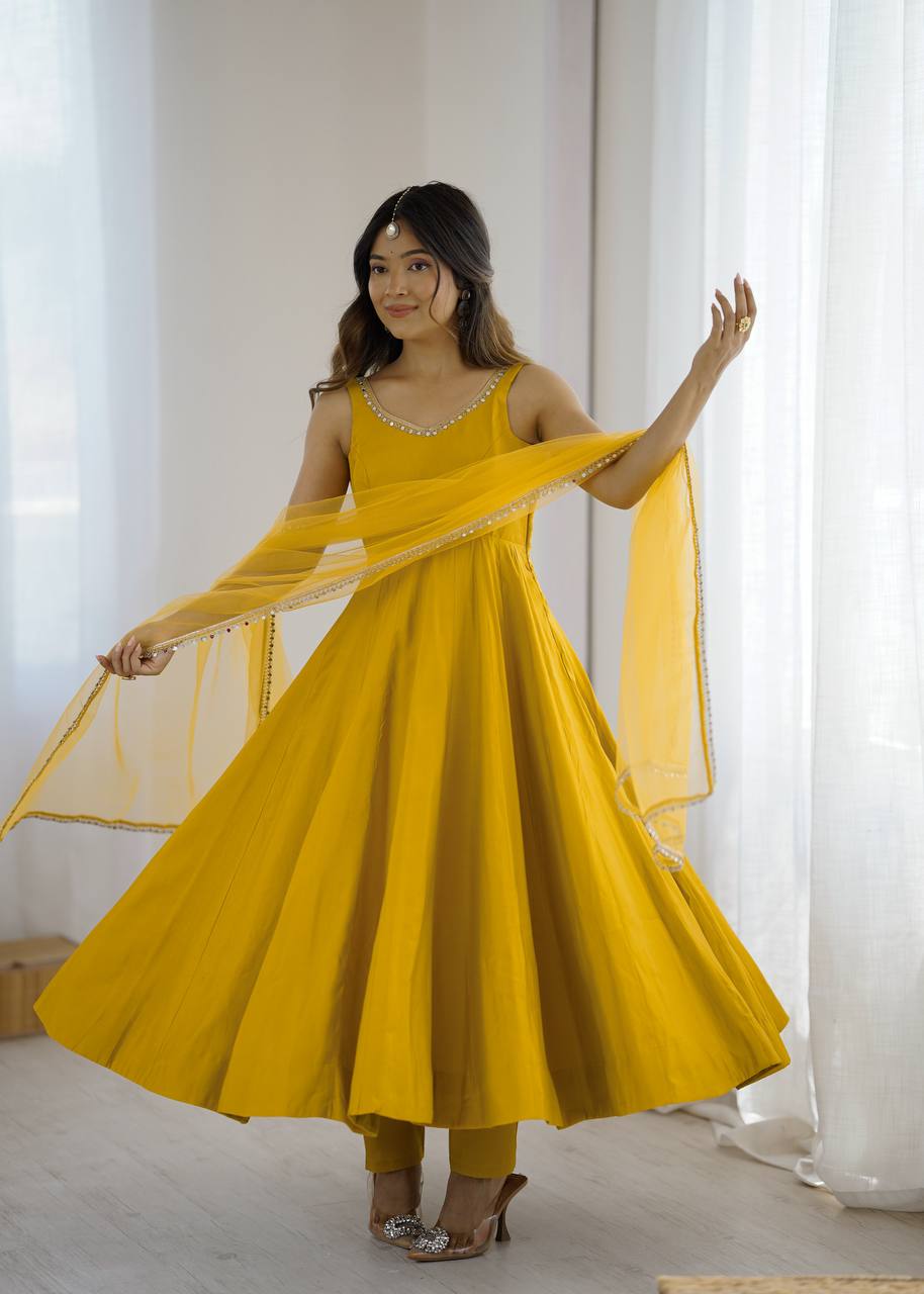 Pure Romansilk Chanderi Anarkali Set with Dupatta & Pant – Fully Stitched